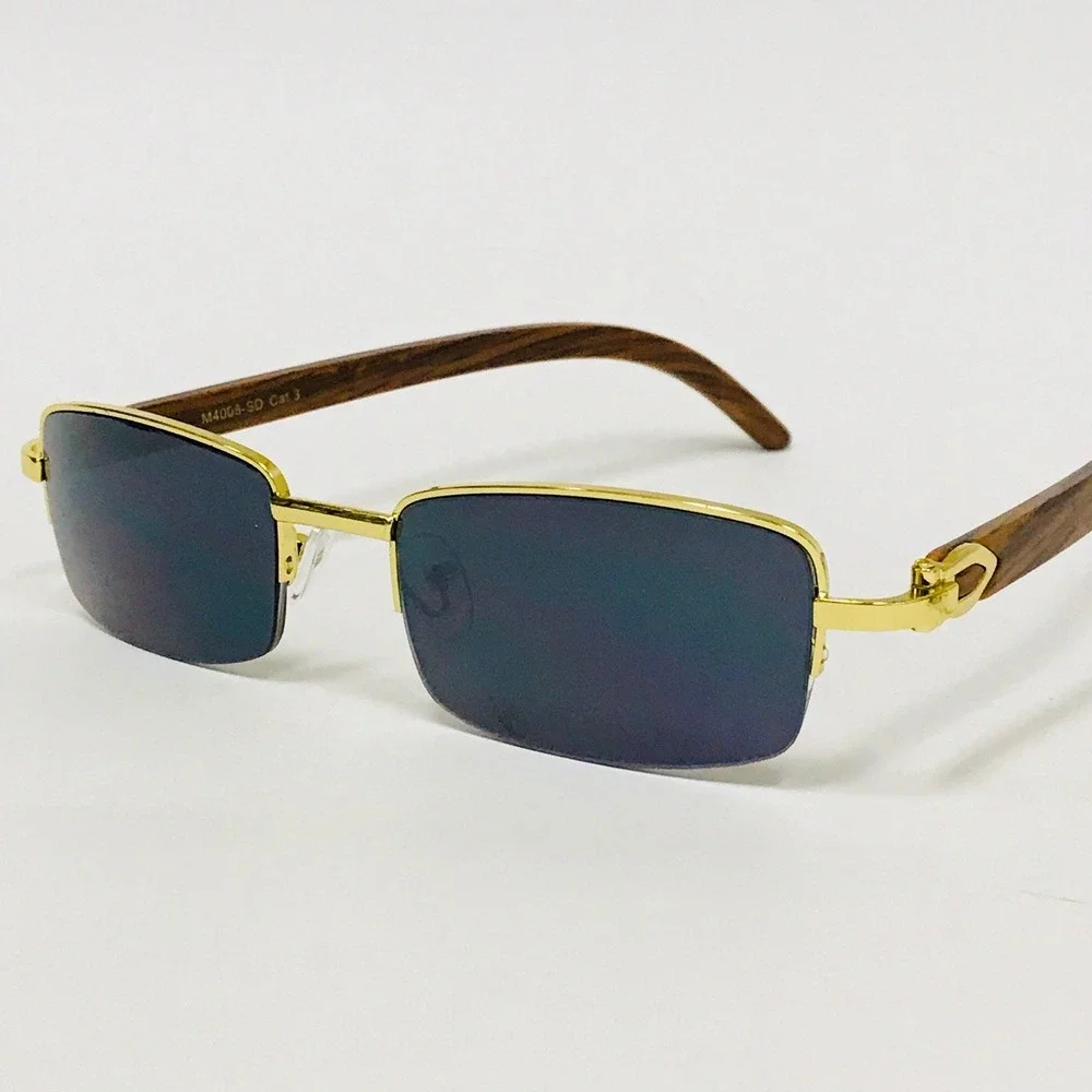 Rimless Sunglasses Gold Frame Wood Arms Rectangular Lens Men Classic Migos Style